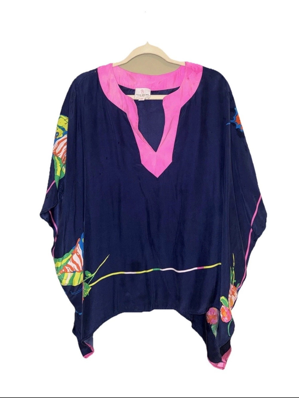 Julie Brown NY Silk Butterfly Caftan Tunic Shirt/Dress Navy Pink Small